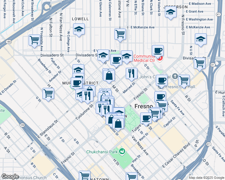 map of restaurants, bars, coffee shops, grocery stores, and more near 2246 Tuolumne Street in Fresno
