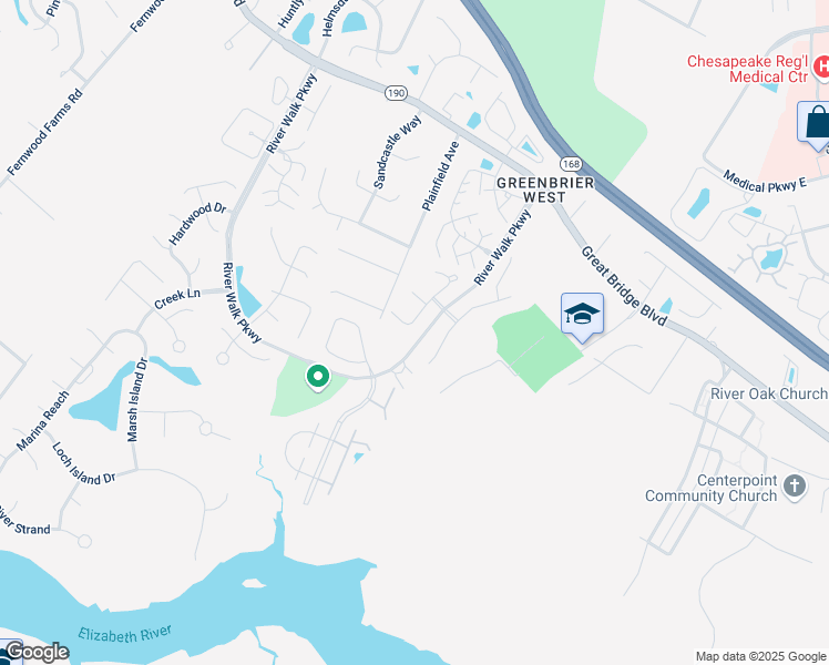 map of restaurants, bars, coffee shops, grocery stores, and more near 456 River Arch Drive in Chesapeake