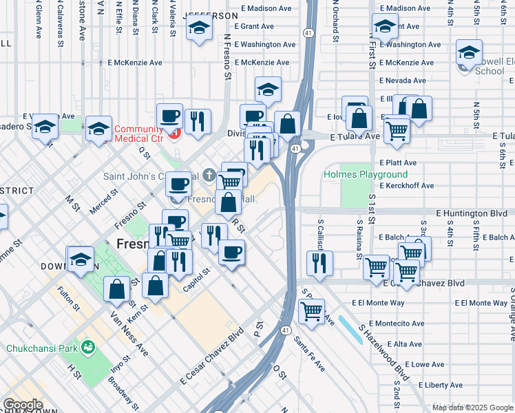 map of restaurants, bars, coffee shops, grocery stores, and more near 2881 Huntington Boulevard in Fresno