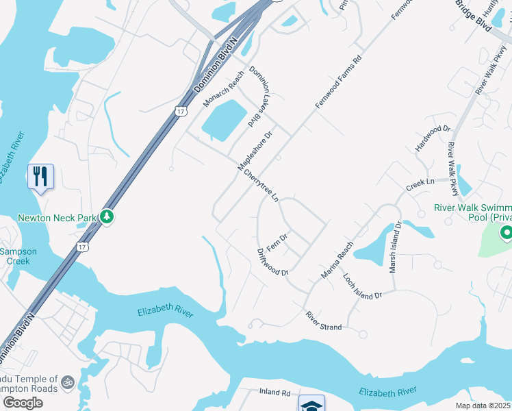 map of restaurants, bars, coffee shops, grocery stores, and more near 332 Driftwood Drive in Chesapeake