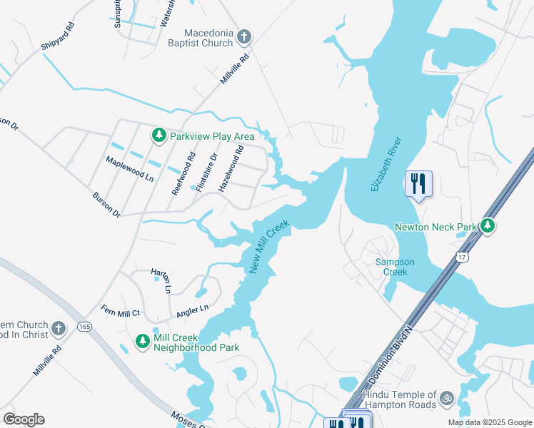 map of restaurants, bars, coffee shops, grocery stores, and more near 1657 Burson Drive in Chesapeake