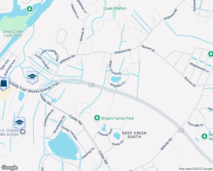 map of restaurants, bars, coffee shops, grocery stores, and more near 2203 Elindra Court in Chesapeake
