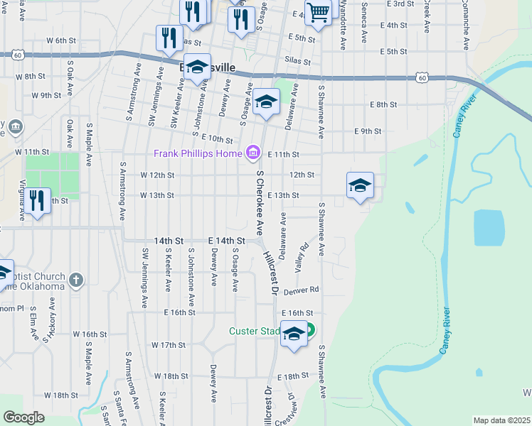 map of restaurants, bars, coffee shops, grocery stores, and more near 1324 South Cherokee Avenue in Bartlesville
