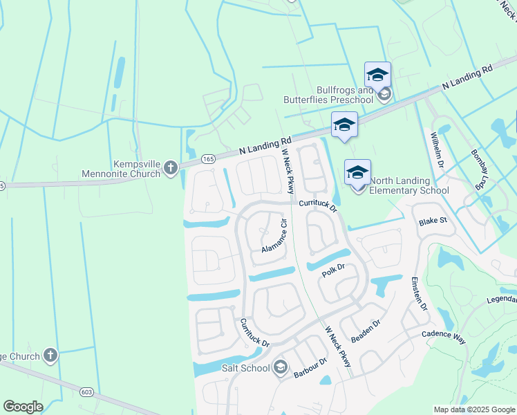 map of restaurants, bars, coffee shops, grocery stores, and more near 2616 Alamance Circle in Virginia Beach