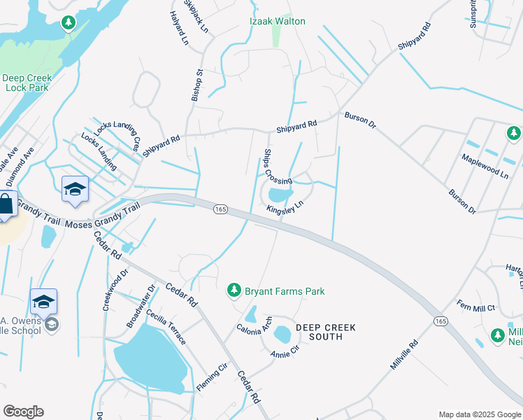 map of restaurants, bars, coffee shops, grocery stores, and more near 2203 Elindra Court in Chesapeake