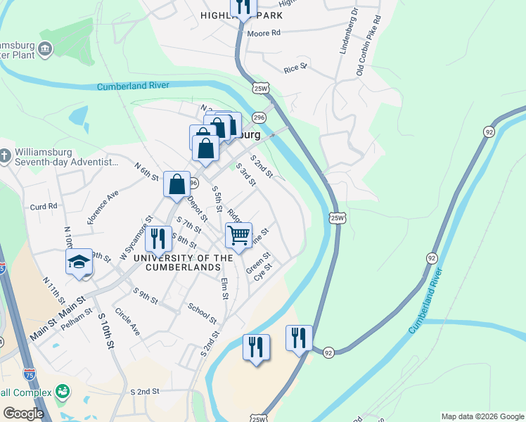 map of restaurants, bars, coffee shops, grocery stores, and more near 329 Denham Street in Williamsburg
