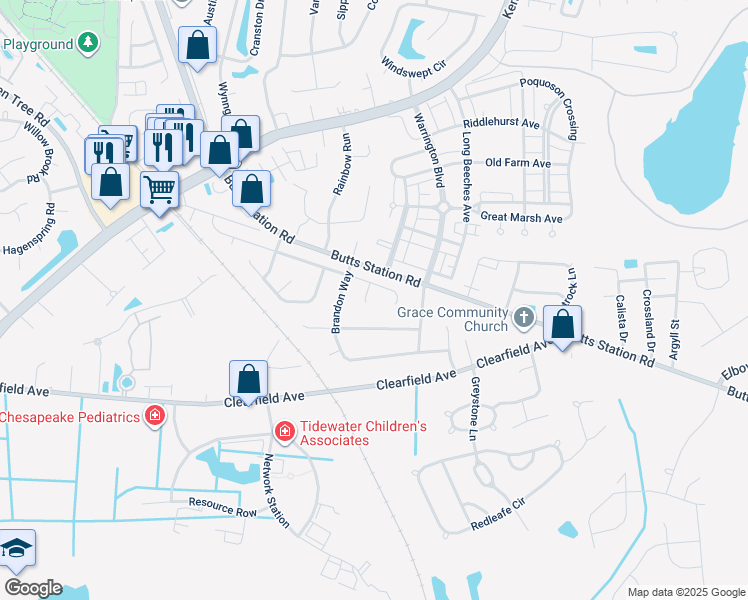 map of restaurants, bars, coffee shops, grocery stores, and more near 509 Bowling Green Court in Chesapeake