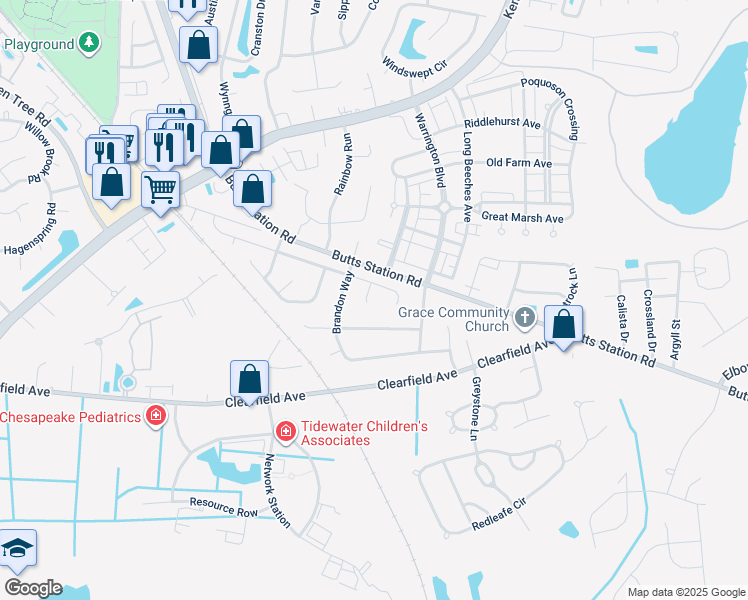 map of restaurants, bars, coffee shops, grocery stores, and more near 509 Bowling Green Court in Chesapeake