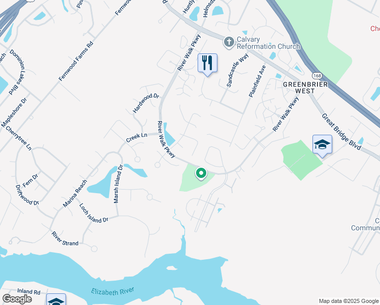 map of restaurants, bars, coffee shops, grocery stores, and more near 408 Supplejack Court in Chesapeake