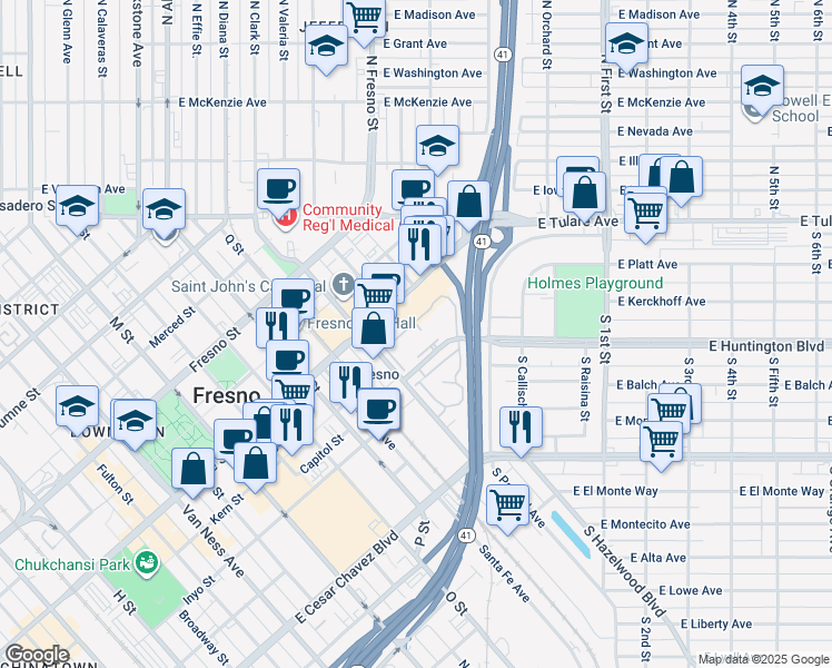 map of restaurants, bars, coffee shops, grocery stores, and more near 2881 Huntington Boulevard in Fresno