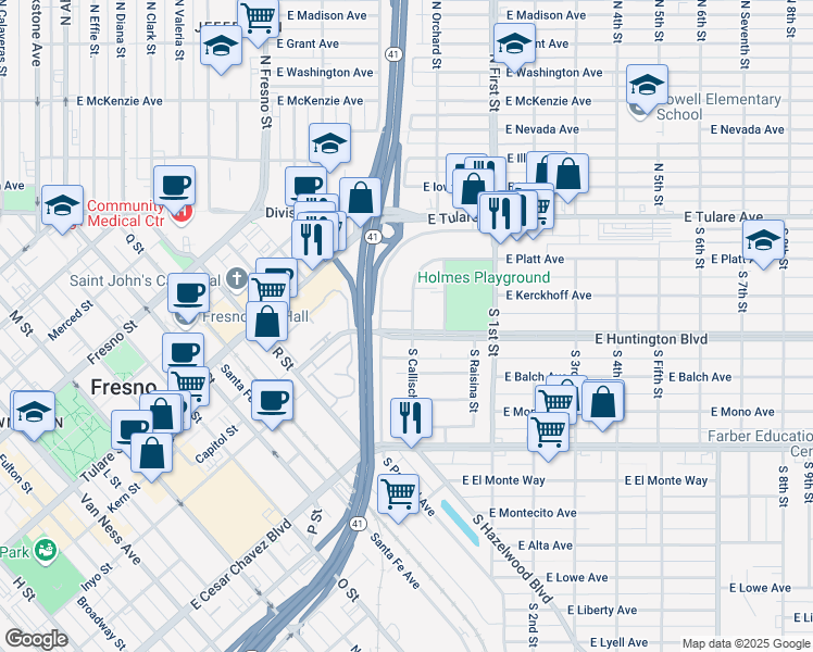 map of restaurants, bars, coffee shops, grocery stores, and more near 2911 East Huntington Boulevard in Fresno