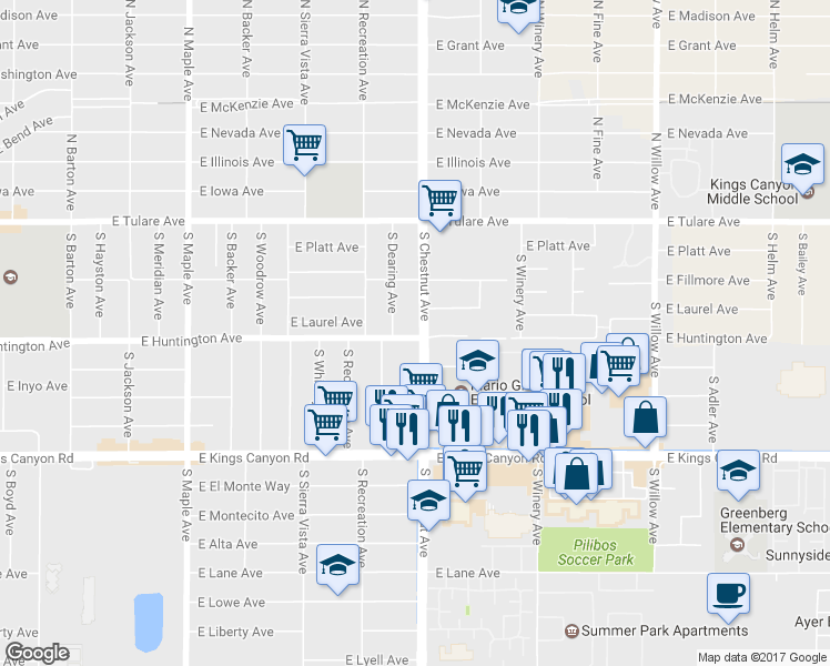 map of restaurants, bars, coffee shops, grocery stores, and more near 4810 East Huntington Avenue in Fresno