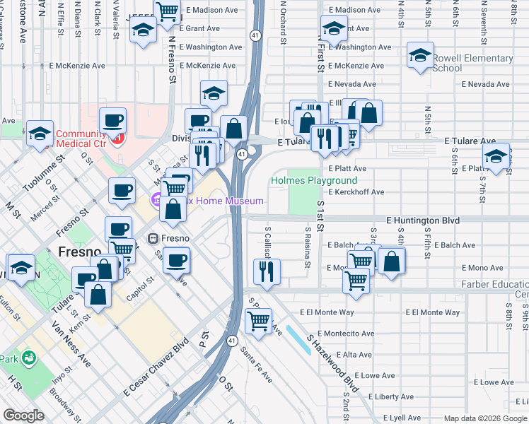 map of restaurants, bars, coffee shops, grocery stores, and more near 2911 East Huntington Boulevard in Fresno