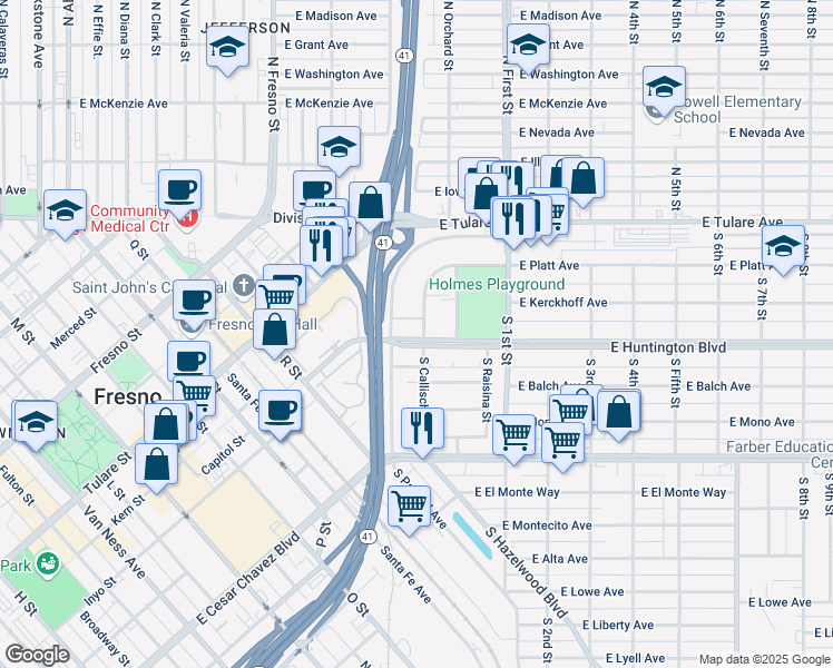 map of restaurants, bars, coffee shops, grocery stores, and more near 2911 East Huntington Boulevard in Fresno