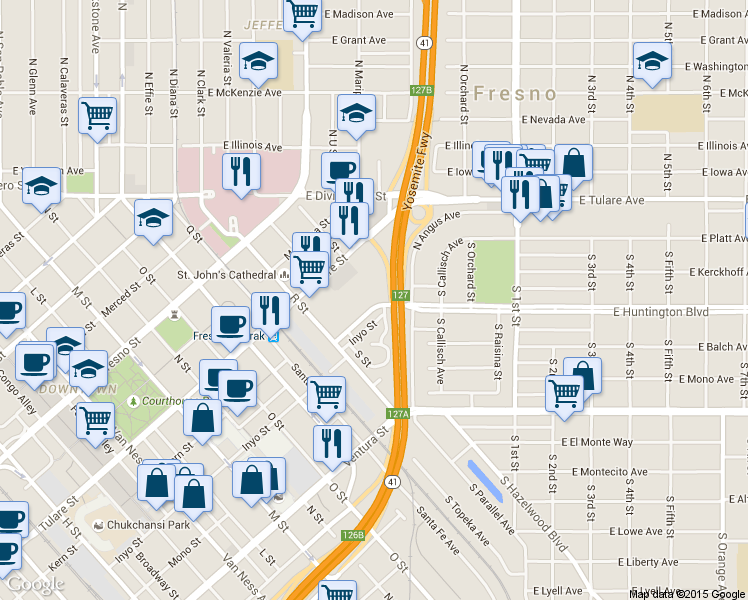 map of restaurants, bars, coffee shops, grocery stores, and more near 10 East Huntington Boulevard in Fresno