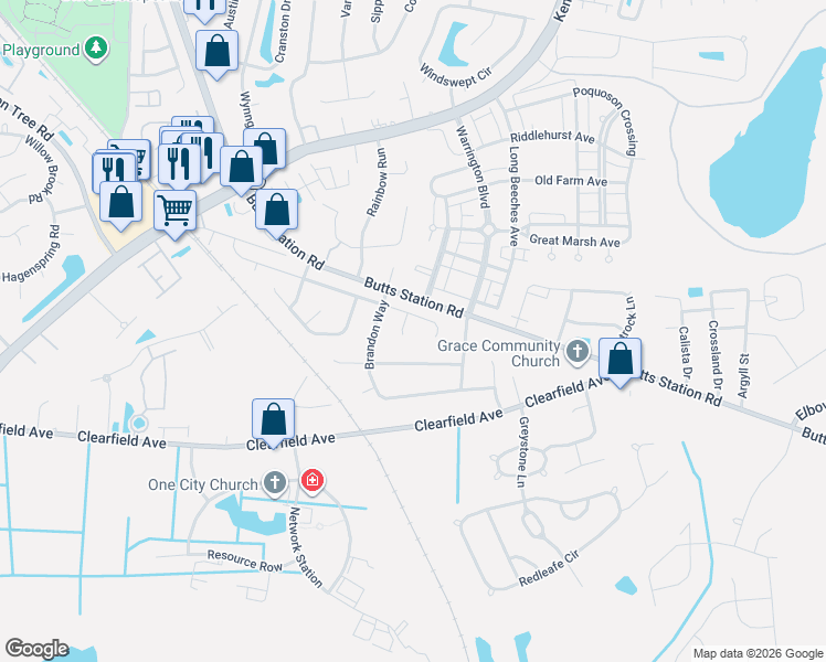 map of restaurants, bars, coffee shops, grocery stores, and more near 505 Bowling Green Court in Chesapeake