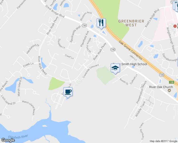 map of restaurants, bars, coffee shops, grocery stores, and more near 819 Creekside Crescent in Chesapeake