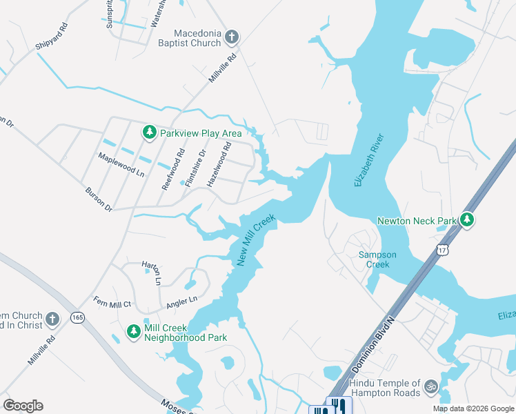 map of restaurants, bars, coffee shops, grocery stores, and more near 1661 Burson Drive in Chesapeake