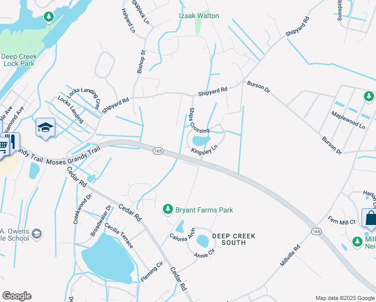 map of restaurants, bars, coffee shops, grocery stores, and more near 2203 Elindra Court in Chesapeake