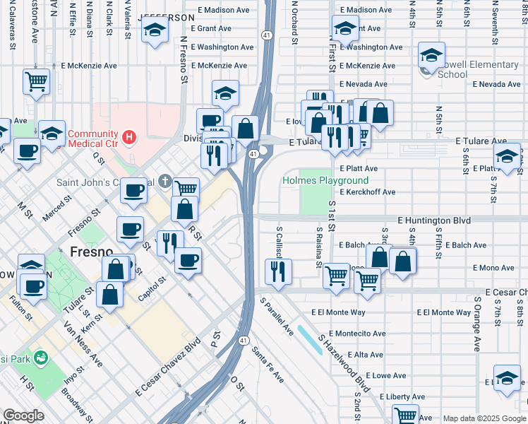 map of restaurants, bars, coffee shops, grocery stores, and more near 2911 East Huntington Boulevard in Fresno