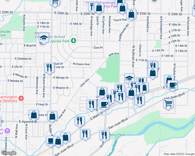 map of restaurants, bars, coffee shops, grocery stores, and more near 1199 Vine Avenue in Farmington