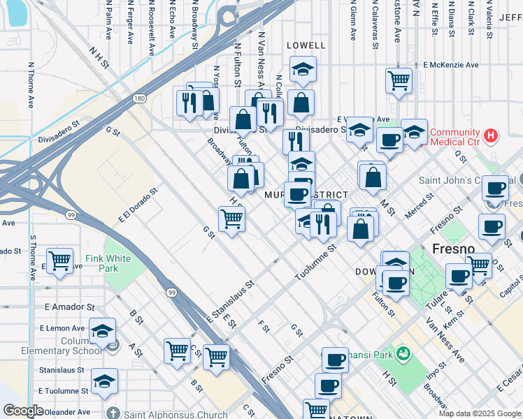 map of restaurants, bars, coffee shops, grocery stores, and more near 1659 Broadway St in Fresno