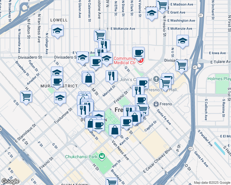 map of restaurants, bars, coffee shops, grocery stores, and more near 2425 Fresno Street in Fresno