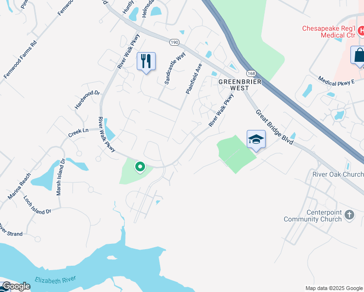 map of restaurants, bars, coffee shops, grocery stores, and more near 456 River Arch Drive in Chesapeake