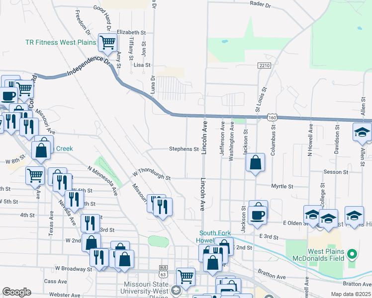 map of restaurants, bars, coffee shops, grocery stores, and more near 1100 North Garfield Avenue in West Plains