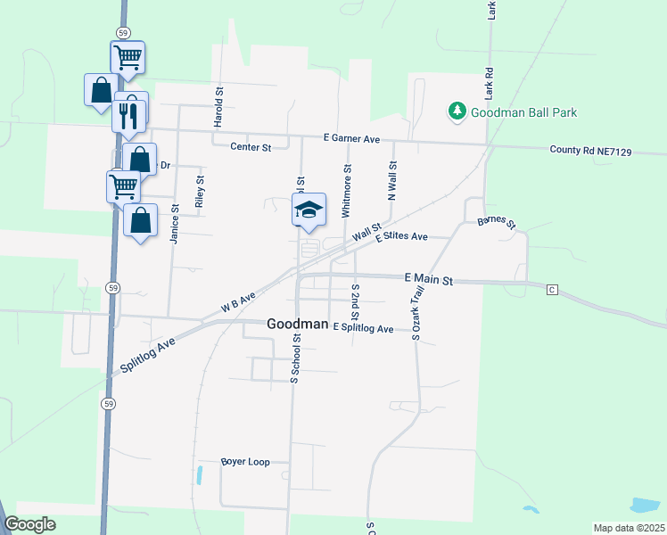 map of restaurants, bars, coffee shops, grocery stores, and more near 120 East Main Street in Goodman