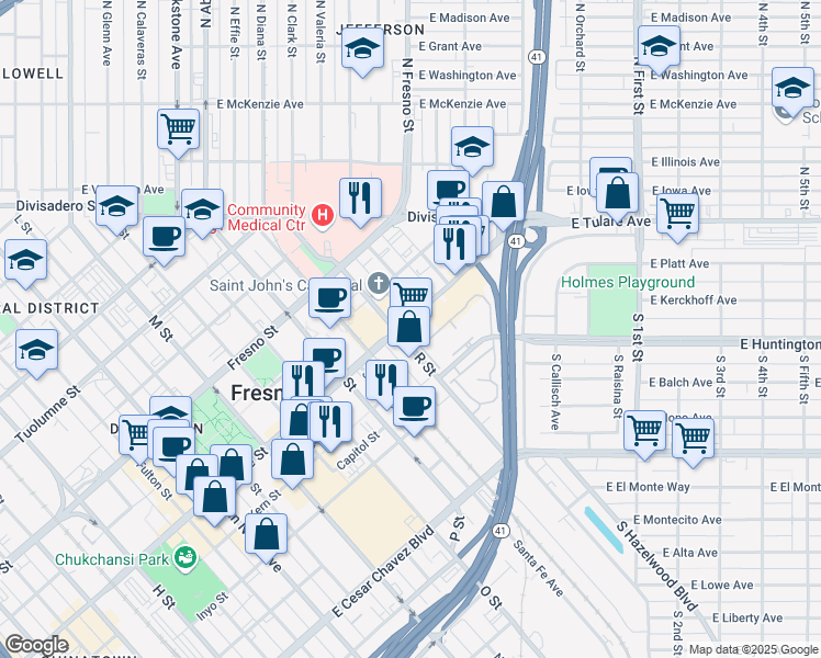 map of restaurants, bars, coffee shops, grocery stores, and more near 2820 Tulare Street in Fresno