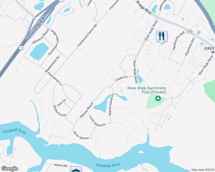 map of restaurants, bars, coffee shops, grocery stores, and more near 264 Marina Reach in Chesapeake