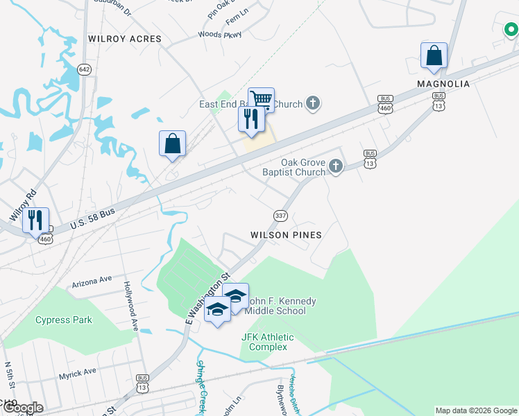map of restaurants, bars, coffee shops, grocery stores, and more near 2536 East Washington Street in Suffolk