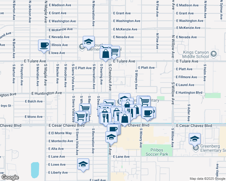 map of restaurants, bars, coffee shops, grocery stores, and more near 4810 East Huntington Avenue in Fresno