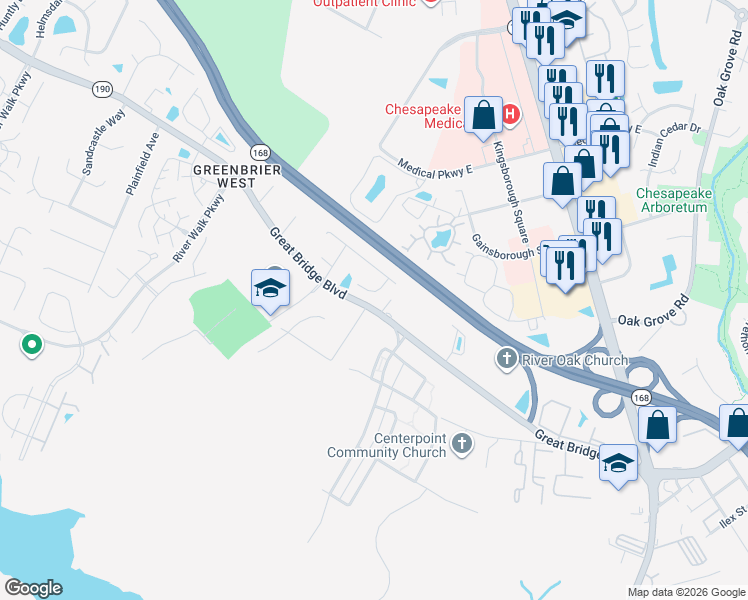 map of restaurants, bars, coffee shops, grocery stores, and more near 384 Great Bridge Boulevard in Chesapeake