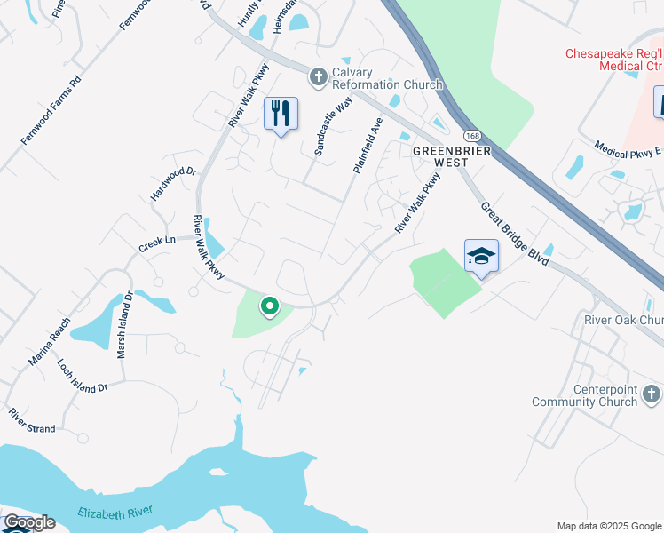 map of restaurants, bars, coffee shops, grocery stores, and more near 421 Broad Bend Circle in Chesapeake