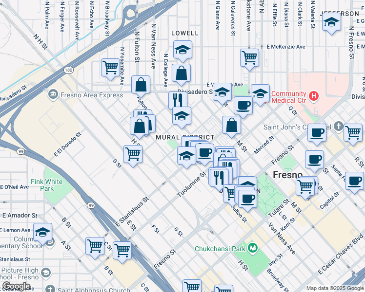 map of restaurants, bars, coffee shops, grocery stores, and more near 1560 Fulton Street in Fresno