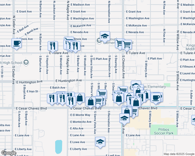 map of restaurants, bars, coffee shops, grocery stores, and more near 4704 East Huntington Avenue in Fresno