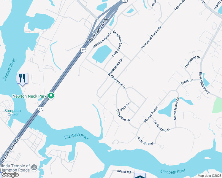 map of restaurants, bars, coffee shops, grocery stores, and more near 329 Fernwood Farms Rd in Chesapeake