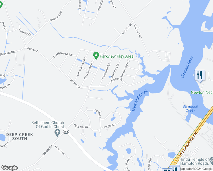 map of restaurants, bars, coffee shops, grocery stores, and more near 1807 Burson Drive in Chesapeake