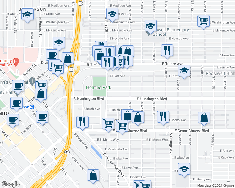 map of restaurants, bars, coffee shops, grocery stores, and more near 3161 East Huntington Boulevard in Fresno