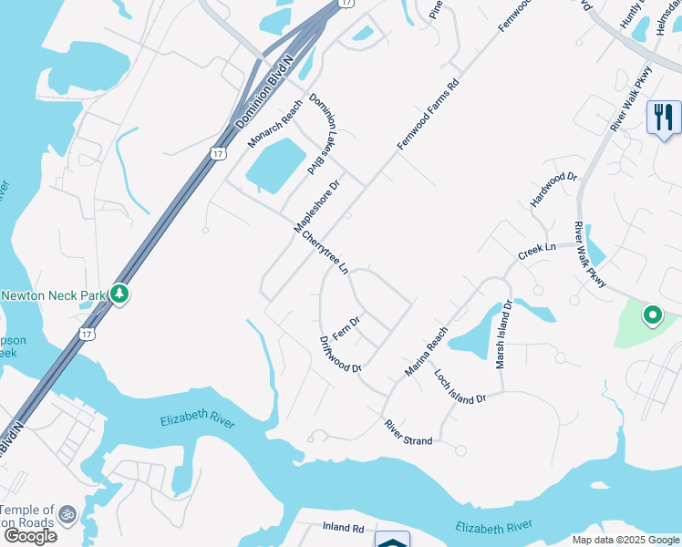 map of restaurants, bars, coffee shops, grocery stores, and more near 1120 Cherrytree Lane in Chesapeake