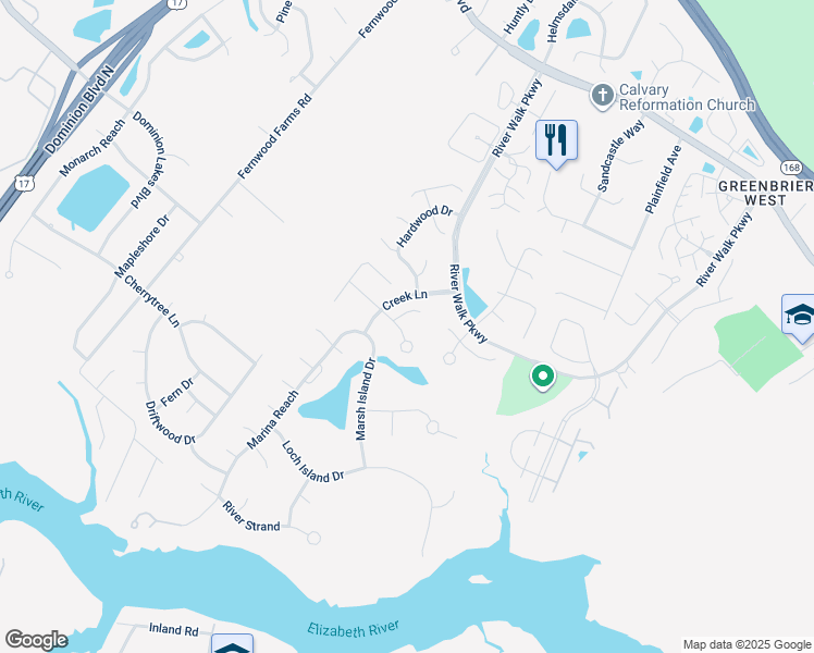 map of restaurants, bars, coffee shops, grocery stores, and more near 716 Tupelo Crossing in Chesapeake