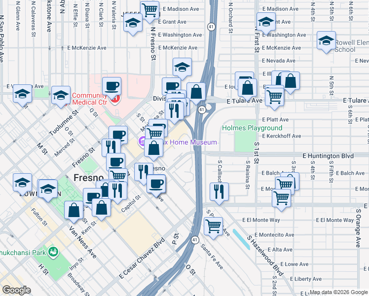 map of restaurants, bars, coffee shops, grocery stores, and more near 2909 Huntington Boulevard in Fresno