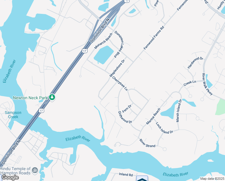 map of restaurants, bars, coffee shops, grocery stores, and more near 329 Fernwood Farms Rd in Chesapeake