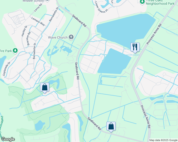 map of restaurants, bars, coffee shops, grocery stores, and more near 2361 Nottoway Lane in Virginia Beach