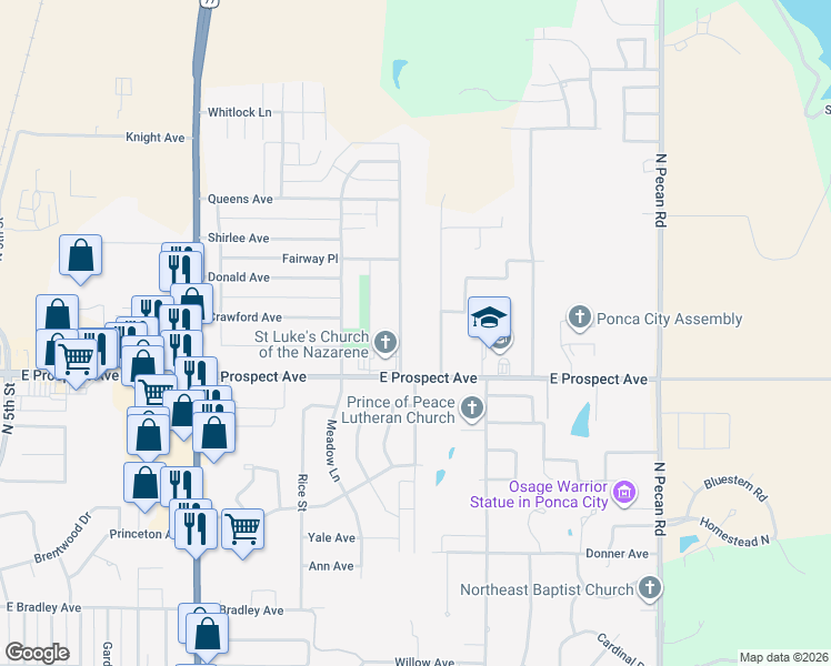 map of restaurants, bars, coffee shops, grocery stores, and more near 3009 Kingston Road in Ponca City