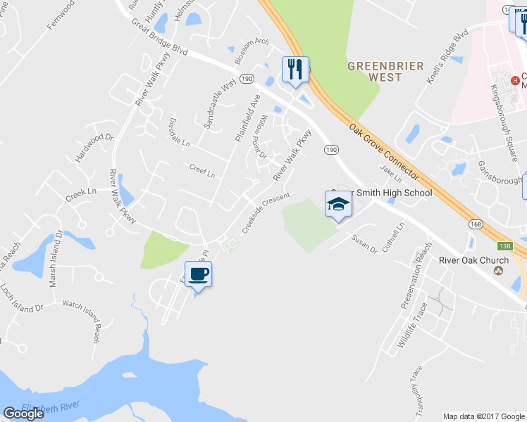 map of restaurants, bars, coffee shops, grocery stores, and more near 803 Creekside Crescent in Chesapeake