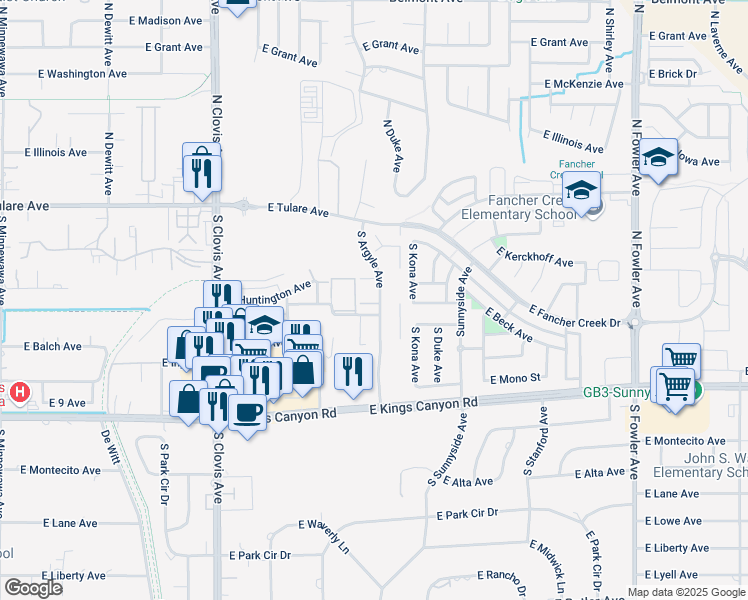 map of restaurants, bars, coffee shops, grocery stores, and more near 103 East Beck Avenue in Fresno