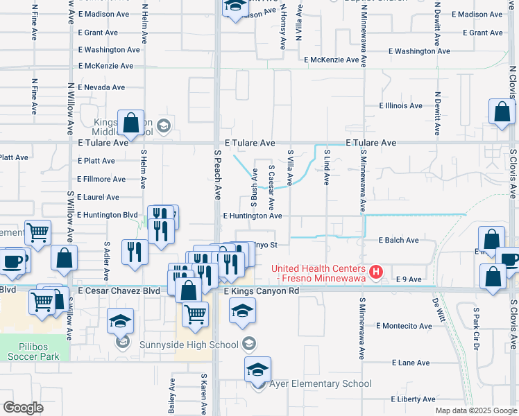 map of restaurants, bars, coffee shops, grocery stores, and more near 5272 East Huntington Avenue in Fresno